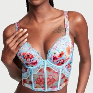 Victoria’s Secret Corset Bra Top Very Sexy Push Up Blue Floral Crystals 38DD